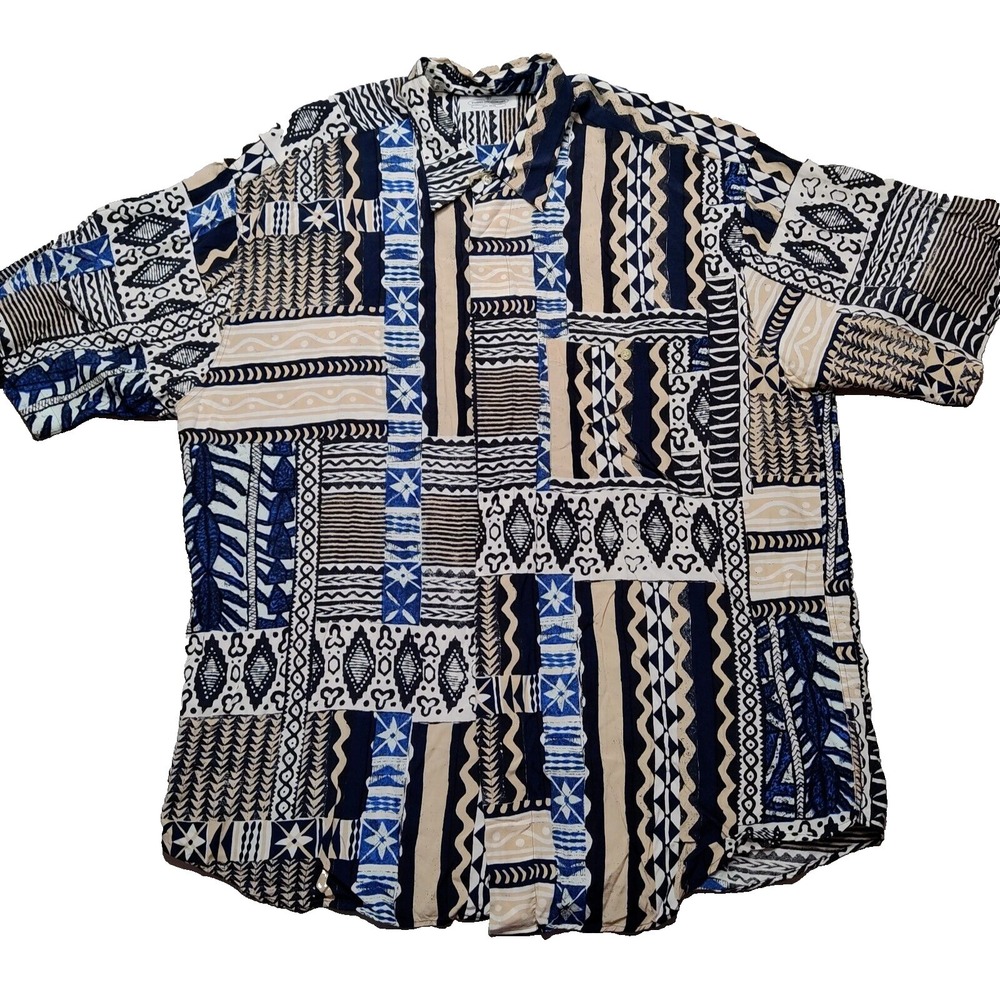 FABIO INGHIRAMI Men Large Blue Abstract 100% Viscose Camp Shirt Made In Italy